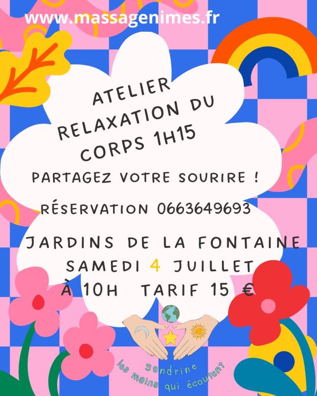 image colorée , arc en ciel, feuilles oranges, fleurs orange, carrés bleus et roses, nuage, texte